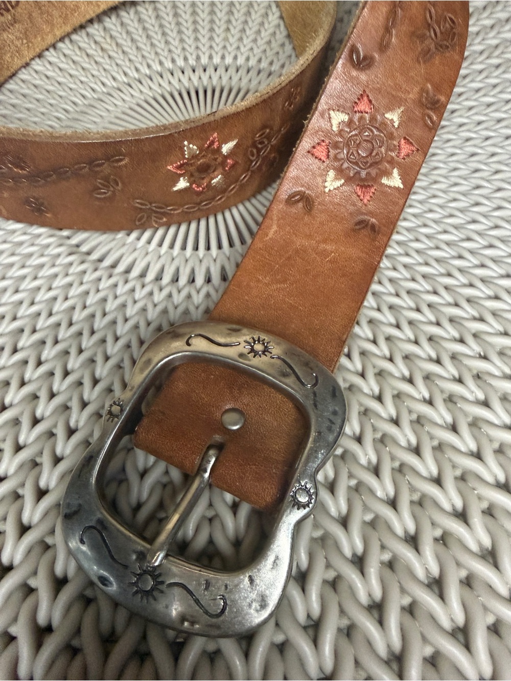 Lucky Brand Vintage Leather Camel and Tan Belt with Embroidered Woven Accents